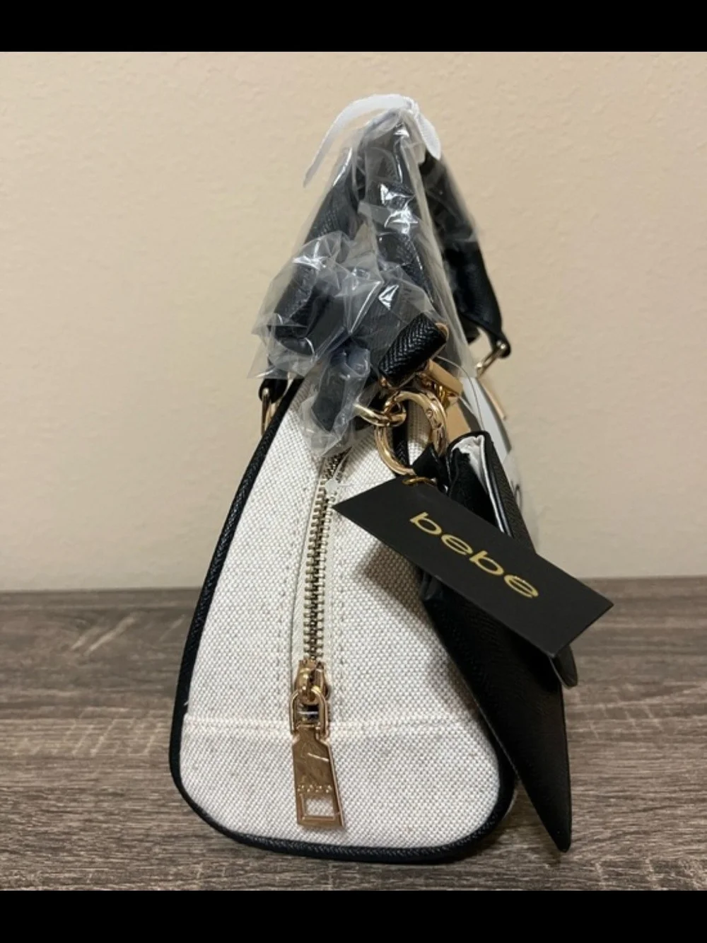 bebe Cream and Black Striped Dome Satchel